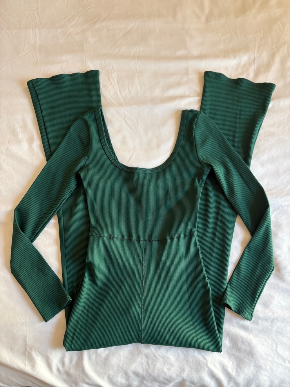 La Luxe Forest Green Ribbed Flare Jumpsuit Long Sleeve Scoop Neck Bodycon Casual
